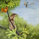 Jeholbaatar kielanae. A four-winged avian dinosaur known as Microraptor is shown in the background.